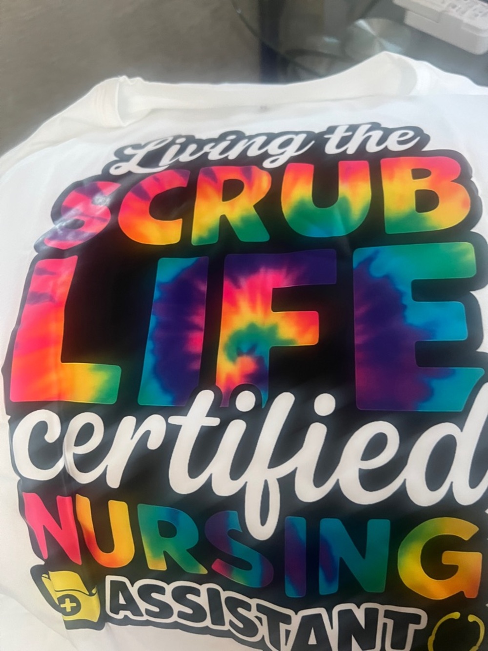 Source Unknown White Tee with Multicolor Tie-Dye Print - "Living the Scrub Life"